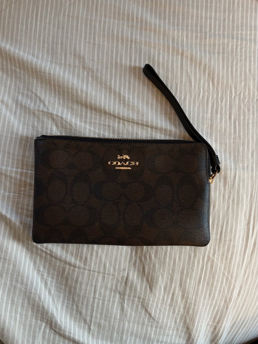 Coach Brown Signature Zip Wristlet with Gold Logo